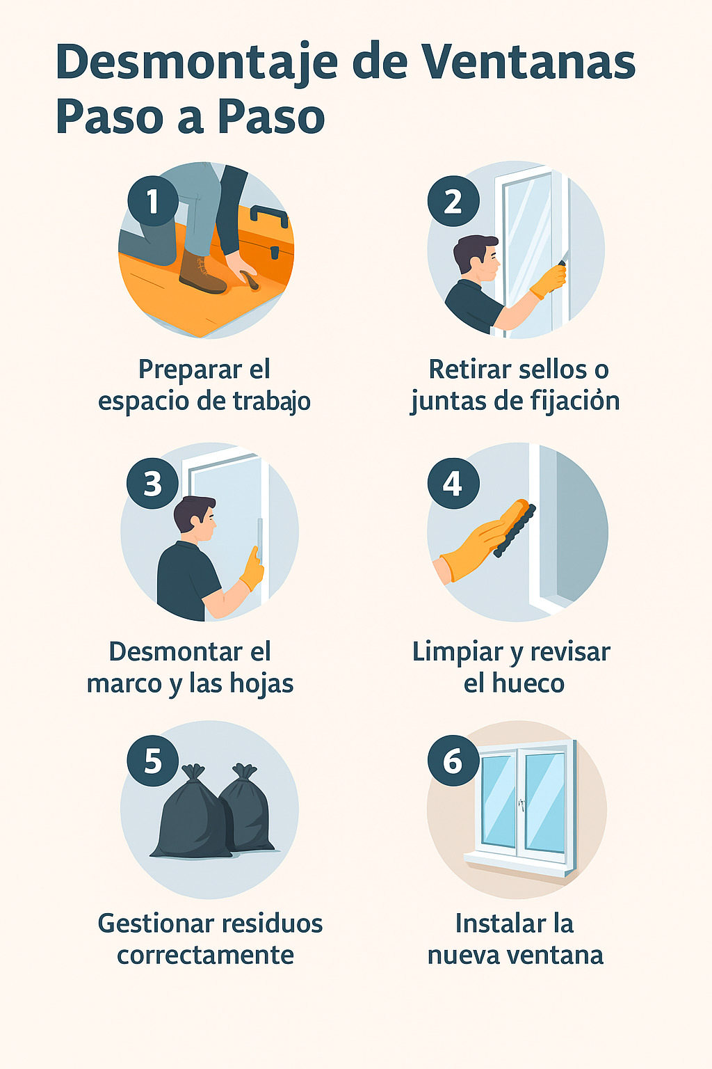 Infografía con el paso a paso para el desmontaje de ventanas: Preparar el espacio, retirar sellos, desmontar el marco, limpiar el hueco, gestionar residuos y colocar la nueva ventana.