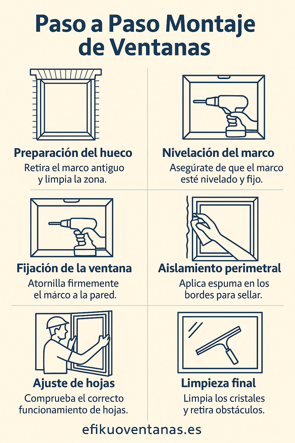 Infografía paso a paso del montaje de ventanas: Preparación del hueco, nivelación, fijación, aislamiento, ajuste de hojas y limpieza final