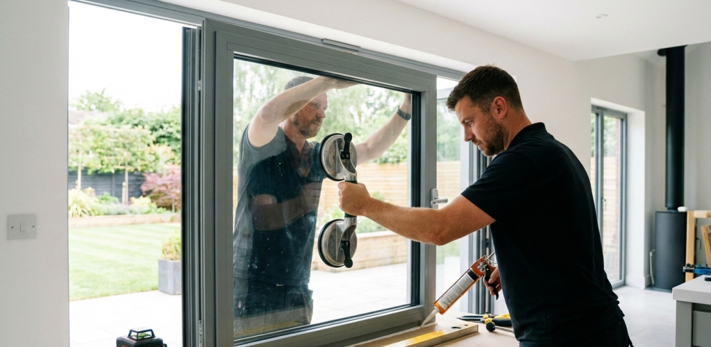 Técnico profesional instalando ventanas de Climalit en una vivienda moderna