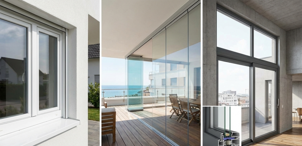 tipos de cerramientos en vivienda: ventana de PVC, cortina de cristal y aluminio con rotura de puente térmico