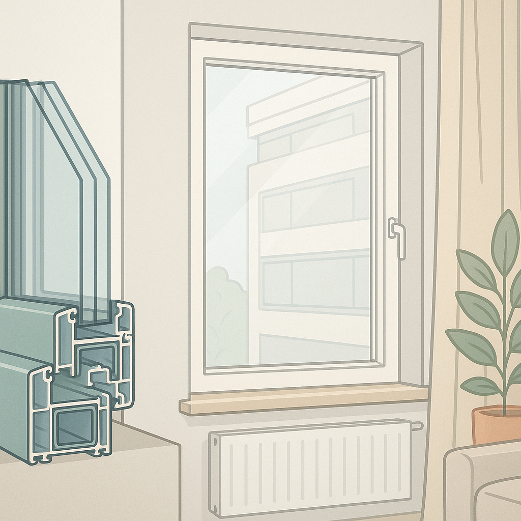 ventanas Kömmerling en una fachada con albañil midiendo un hueco antes de calcular el precio de colocación