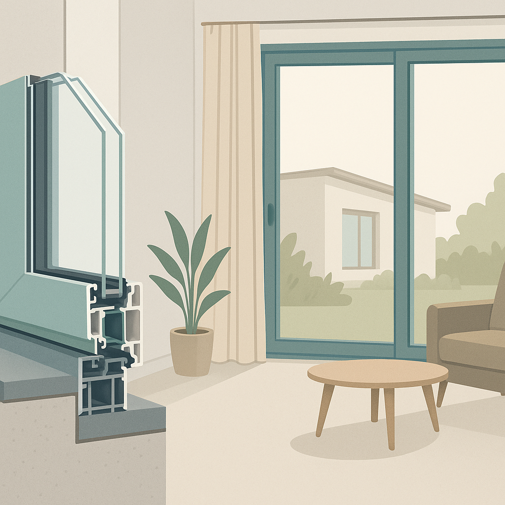 ventanas de aluminio en una portada técnica con perfil, vidrio y gráfico de costes para comparar precios