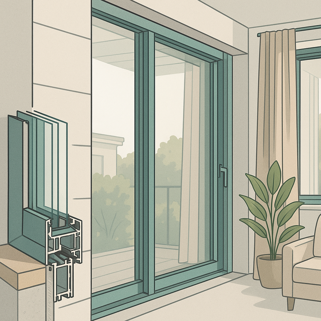 ventanas Kömmerling en una portada técnica con perfil de PVC, vidrio y checklist de criterios de calidad