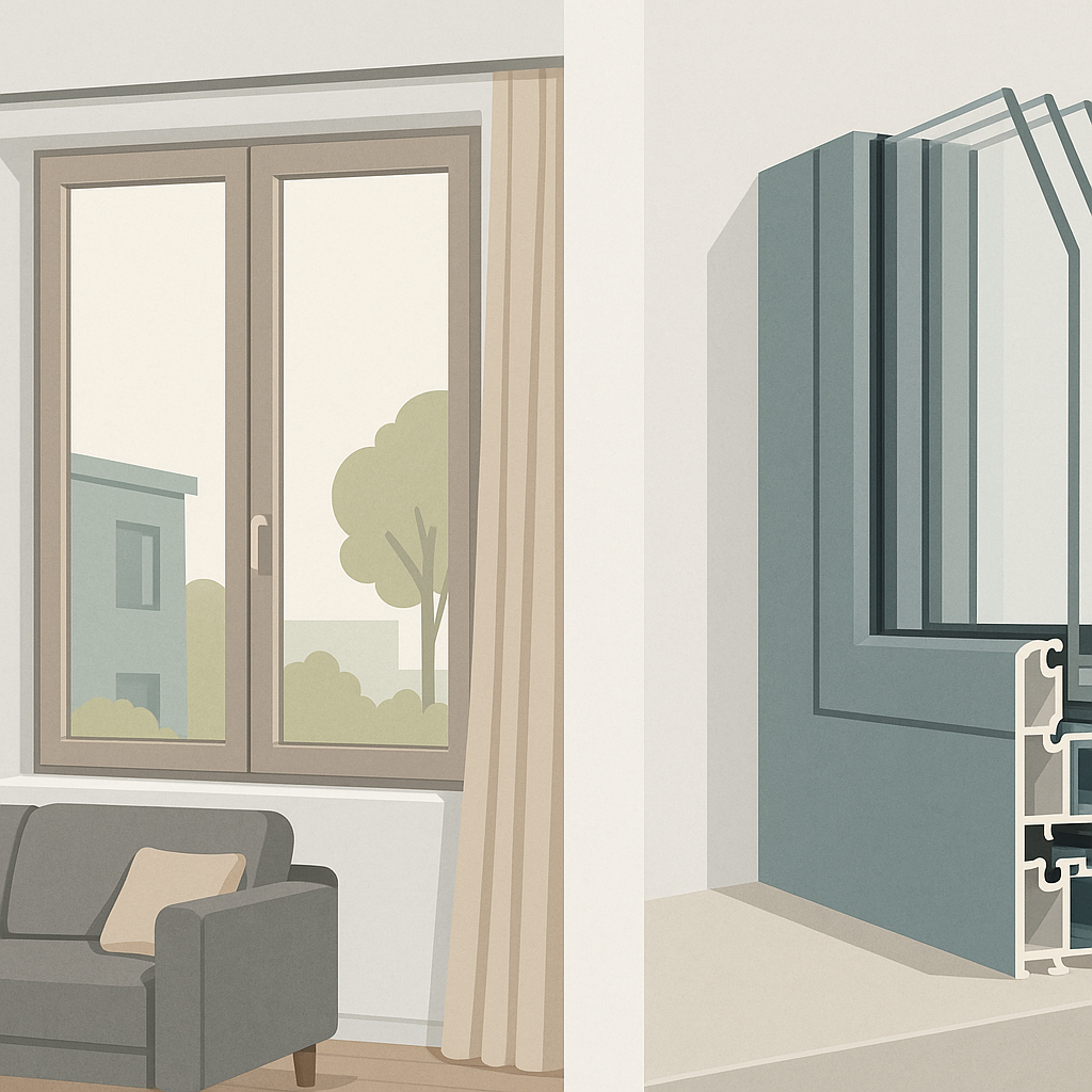 ventanas Kömmerling en una imagen editorial con ventana de PVC, documentos técnicos y sello de garantía