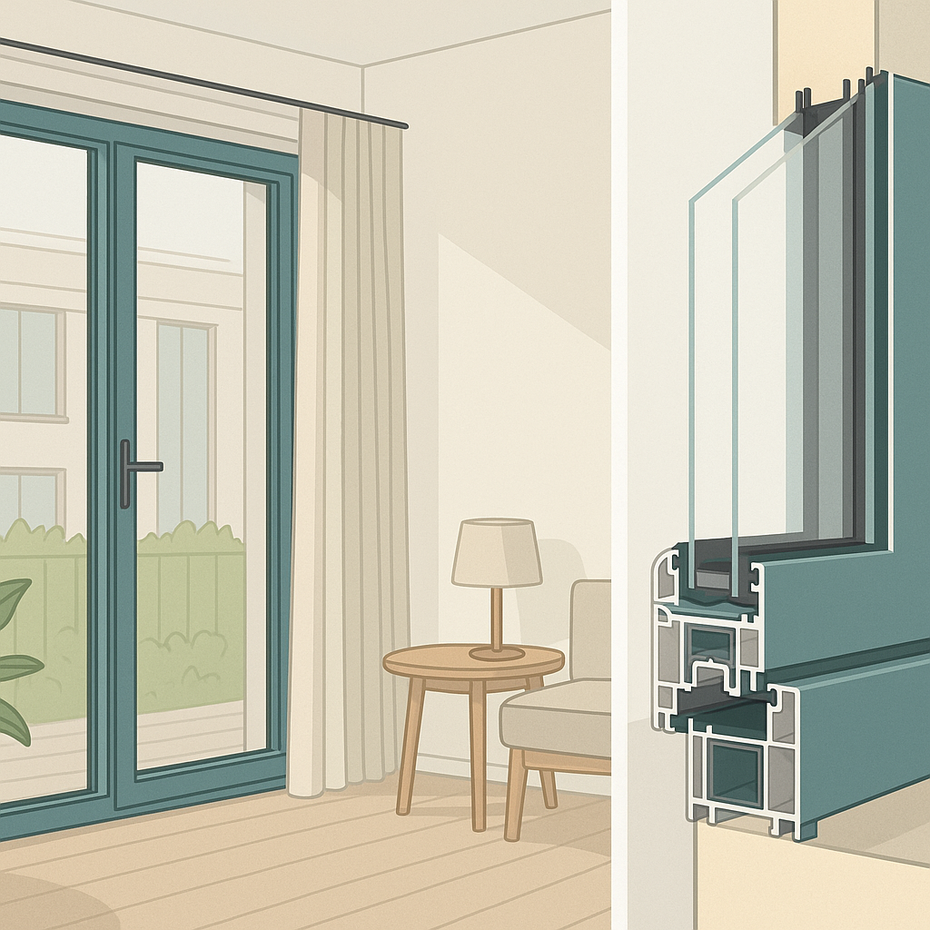 ventanas de aluminio comparadas en una portada técnica con dos modelos, corredera y abatible, en un interior moderno