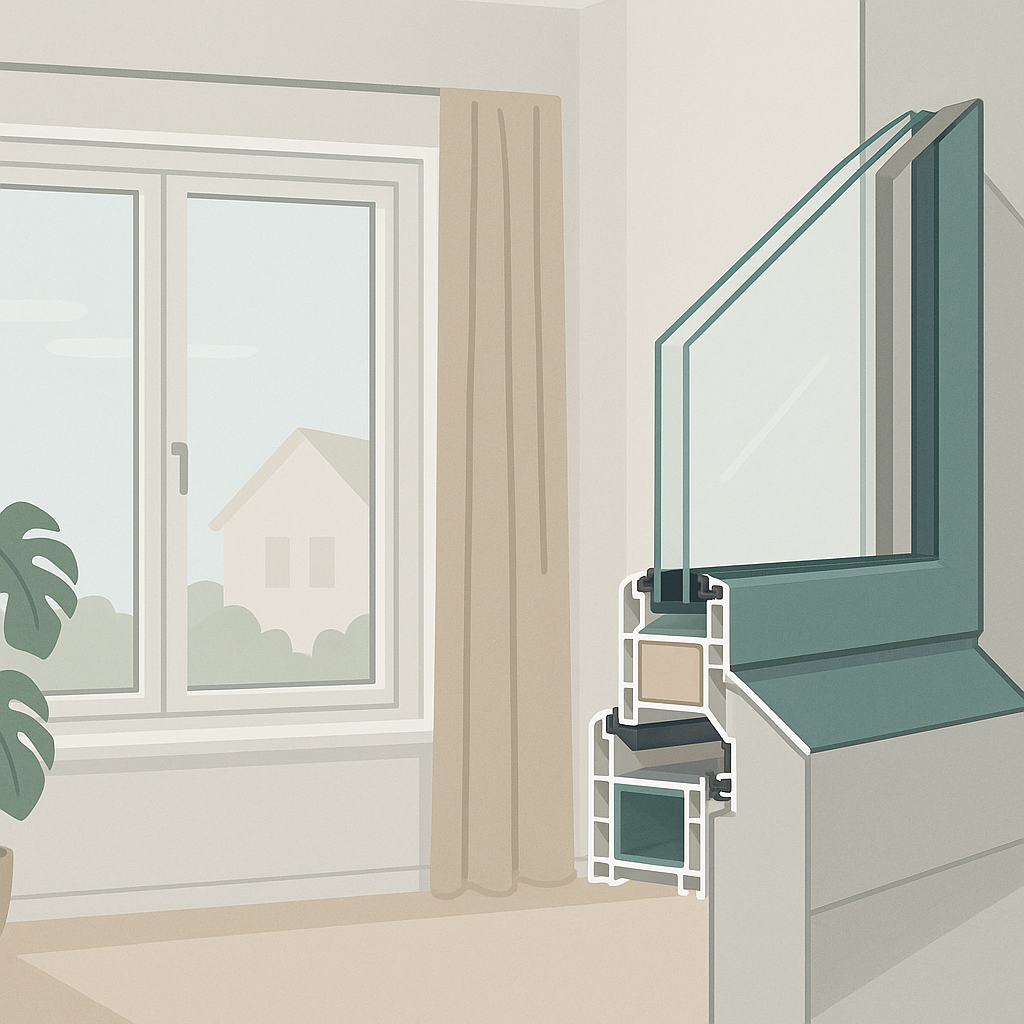 ventanas de PVC con triple acristalamiento y una hoja abierta, mostrando herrajes, perfil y aislamiento en una vivienda