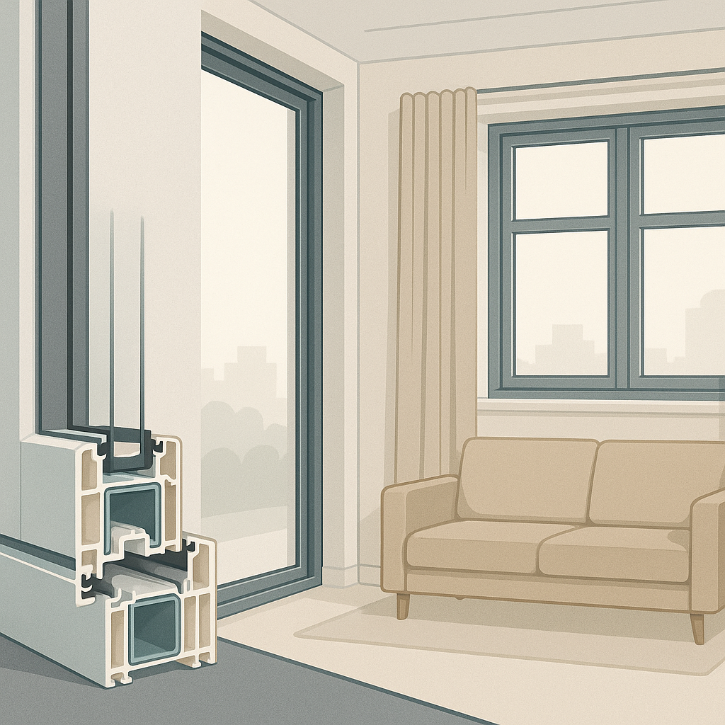 ventanas abatibles en fachada moderna con apertura lateral, marco visible y esquema técnico de uso y ventilación