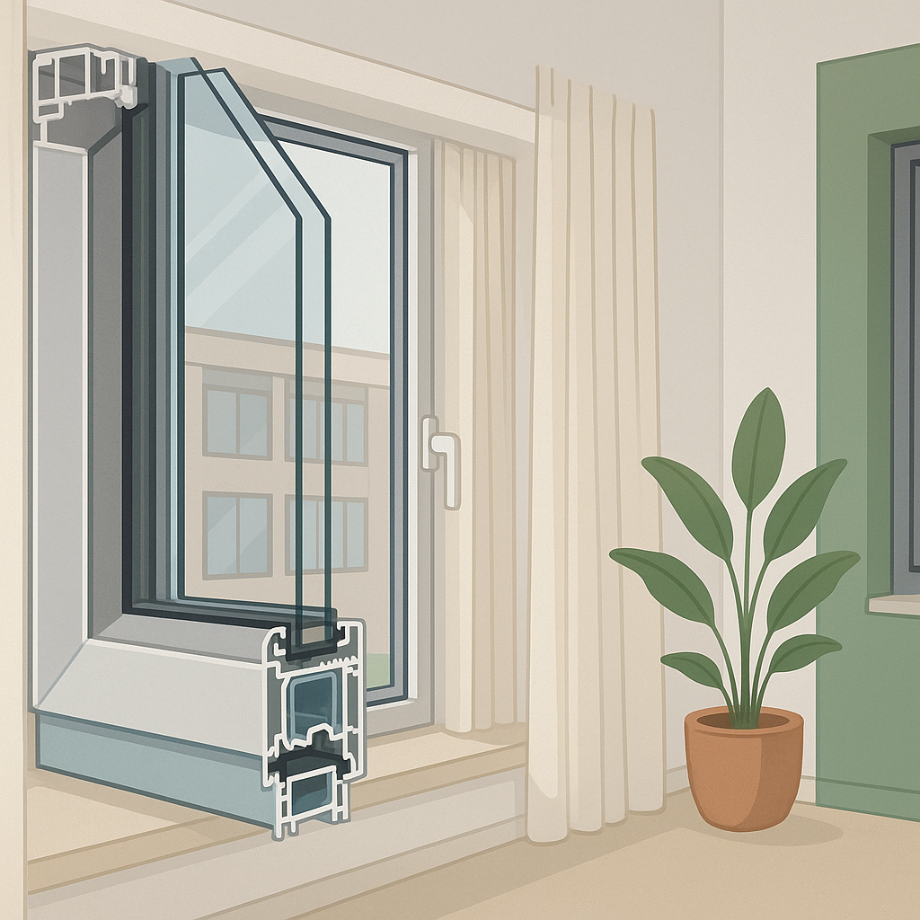 ventanas de PVC con triple cristal en una fachada residencial, comparando aislamiento térmico, confort y montaje