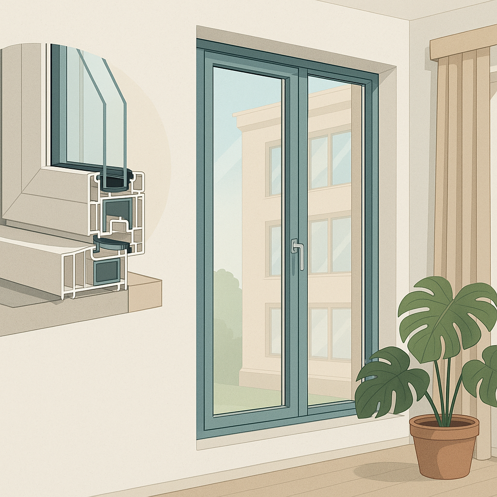 ventanas en una portada técnica comparando oscilobatiente y corredera sobre fondo neutro con iconos de precio y apertura