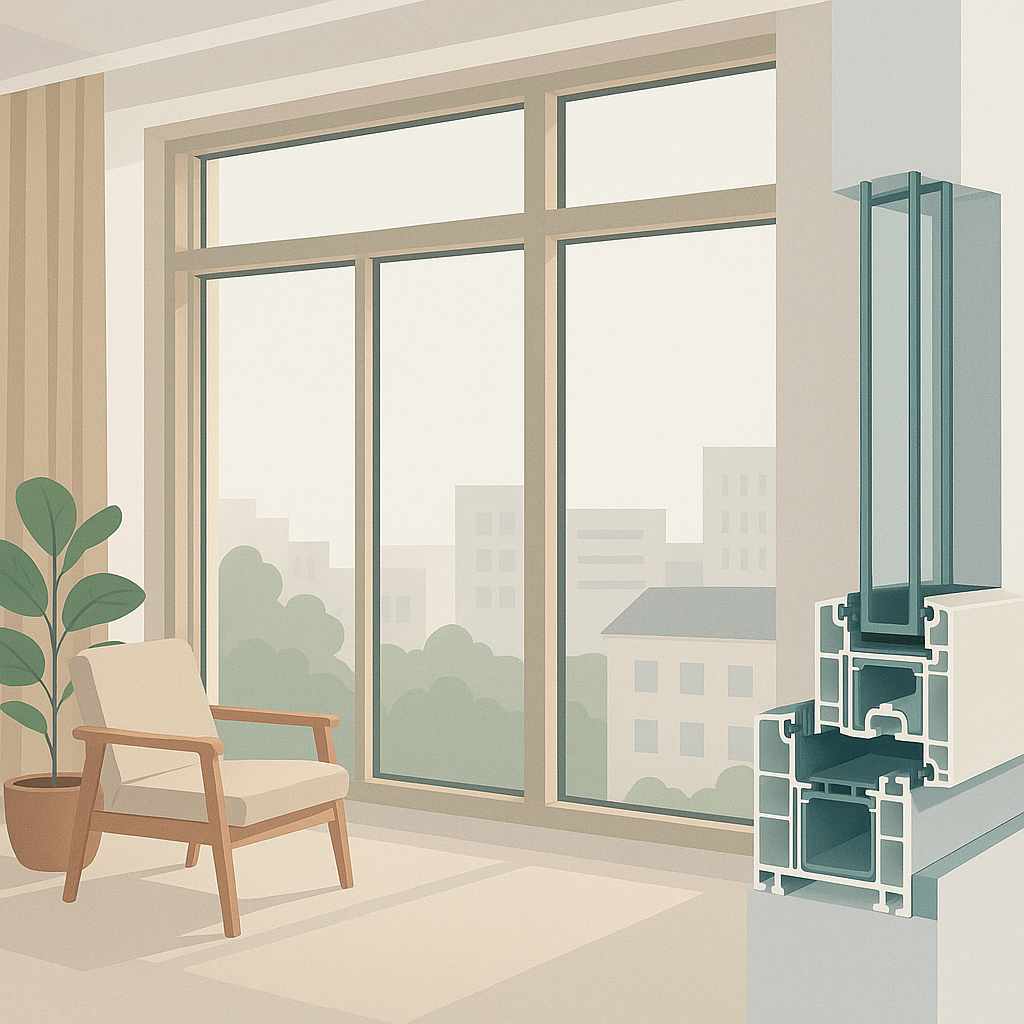 ventanas de PVC con vidrio doble bajo emisivo en una ventana seccionada, mostrando la cámara y la capa interior