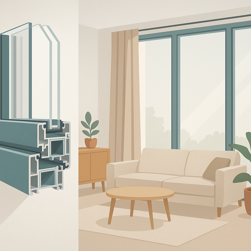 ventanas con esquema de vidrio acústico, doble acristalamiento asimétrico y marco sellado para reducir ruido urbano