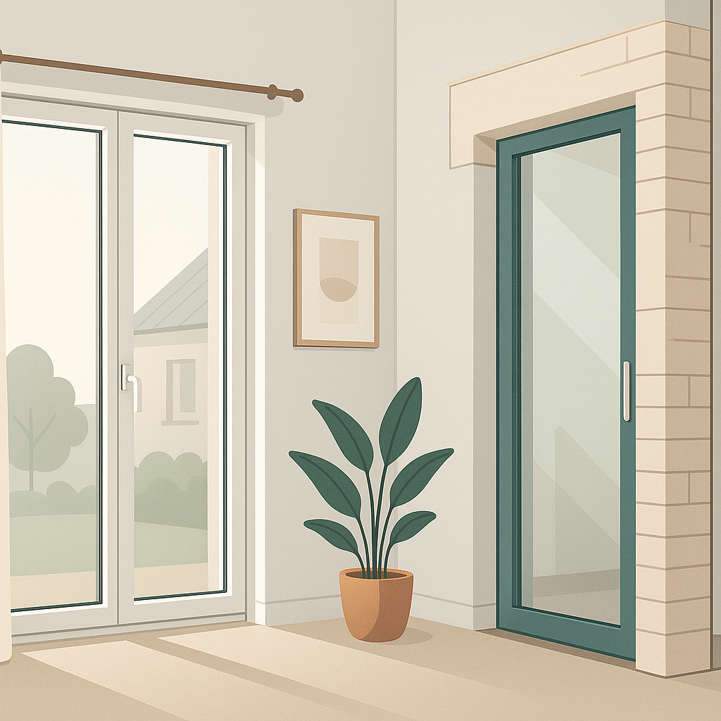 ventanas de PVC con doble acristalamiento y esquema técnico sobre coste, peso, condensación y aislamiento