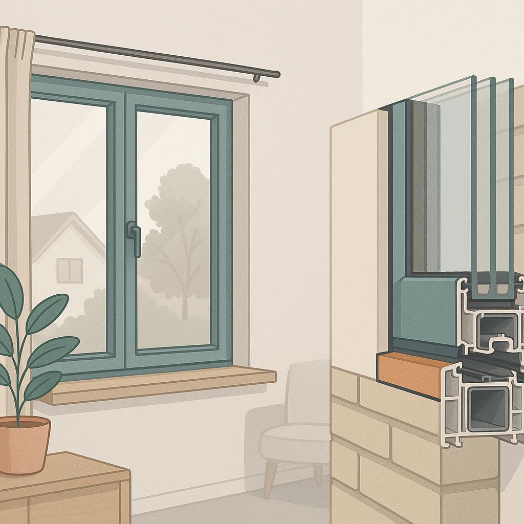 ventanas de PVC en una fachada moderna, con doble acristalamiento y sellado perimetral para aislar del ruido