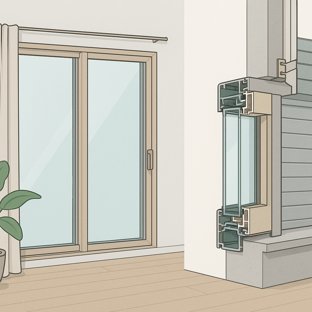 ventanas de aluminio con perfiles técnicos y una cinta métrica que destaca medidas clave de sección y vidrio
