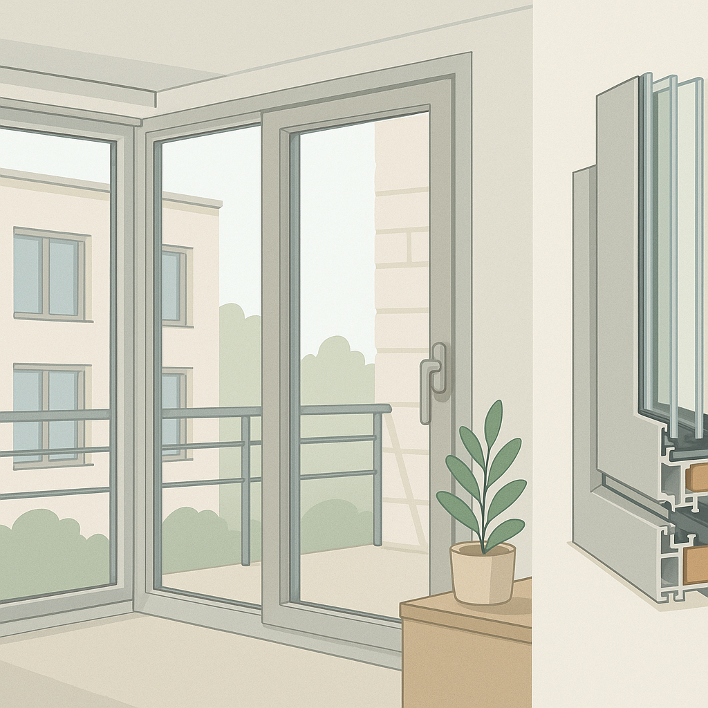 ventanas de aluminio en una portada técnica con hoja oscilobatiente, herrajes visibles y manilla en varias posiciones