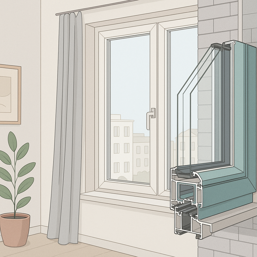 ventanas con vidrio bajo emisivo en una ilustración técnica de una ventana moderna y corte del acristalamiento