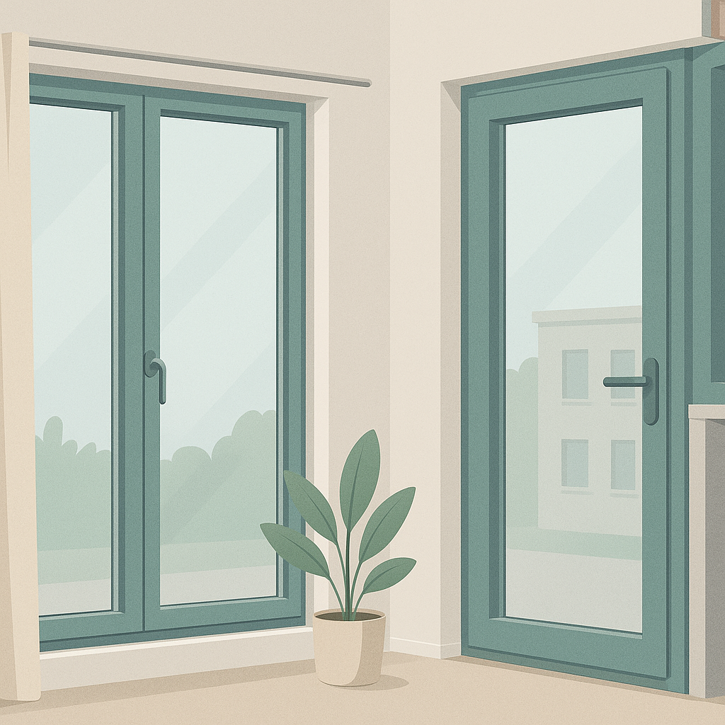 ventanas en una guía visual para elegir vidrio con iconos de aislamiento, ruido, sol y seguridad