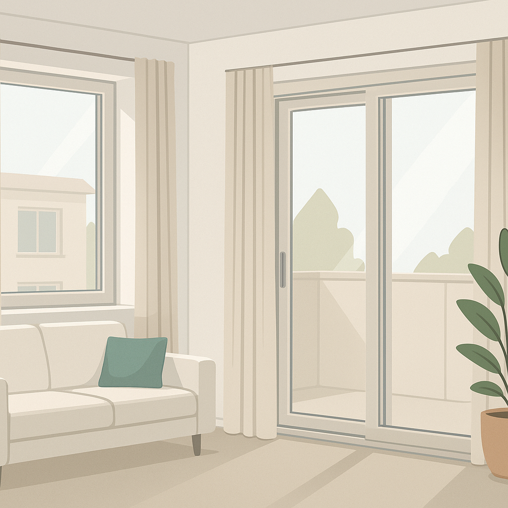 ventanas con vidrio low-e en una fachada moderna, resaltando menor luz, reflejos y aislamiento térmico