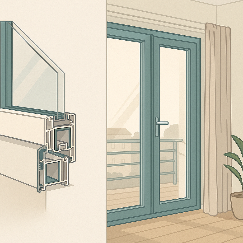 ventanas con doble y triple acristalamiento comparadas en una fachada moderna, con enfoque técnico
