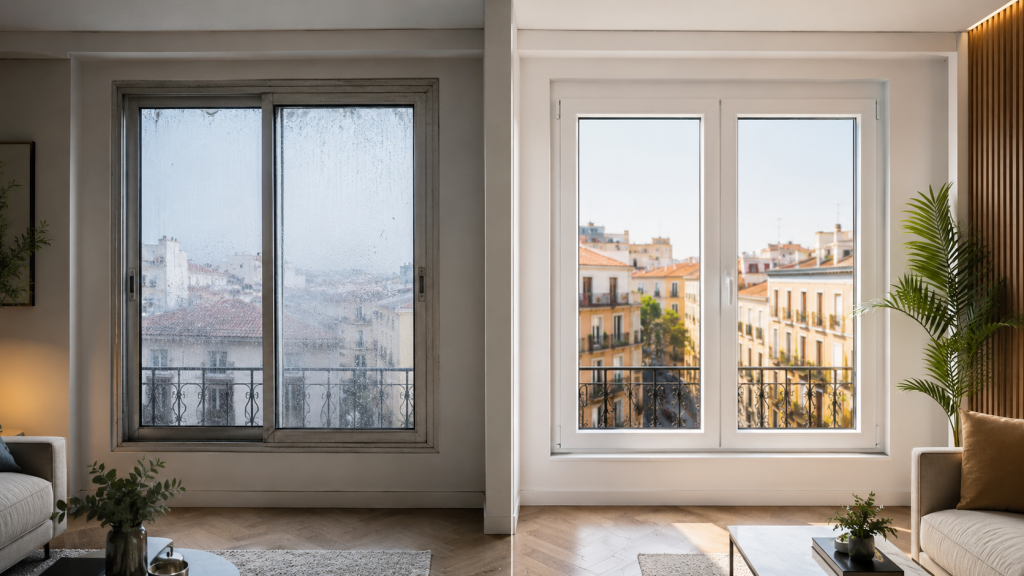 Comparativa entre una ventana antigua de aluminio y una nueva ventana de PVC instalada por especialistas en ventanas de PVC en Madrid