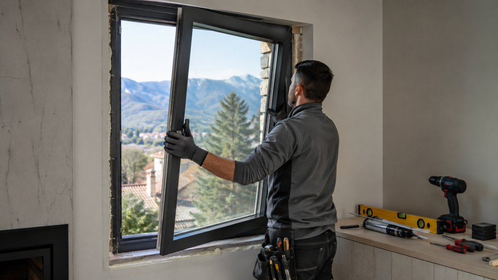 Instalador realizando una instalación de ventanas de aluminio y PVC en la Sierra de Madrid con sellado preciso y acabado profesional